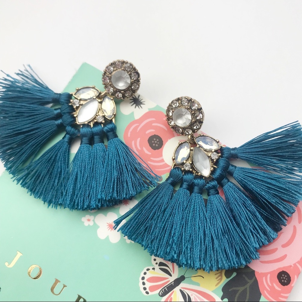 Adele | Teal Rhinestone tassel fan earring - Picture 1 of 4
